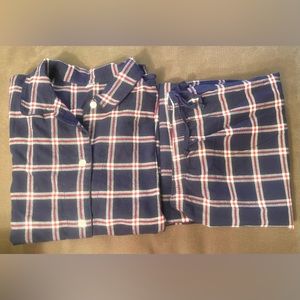Flannel Uniqlo Pajama set- button down shirt, pants w elastic tie waist, size L